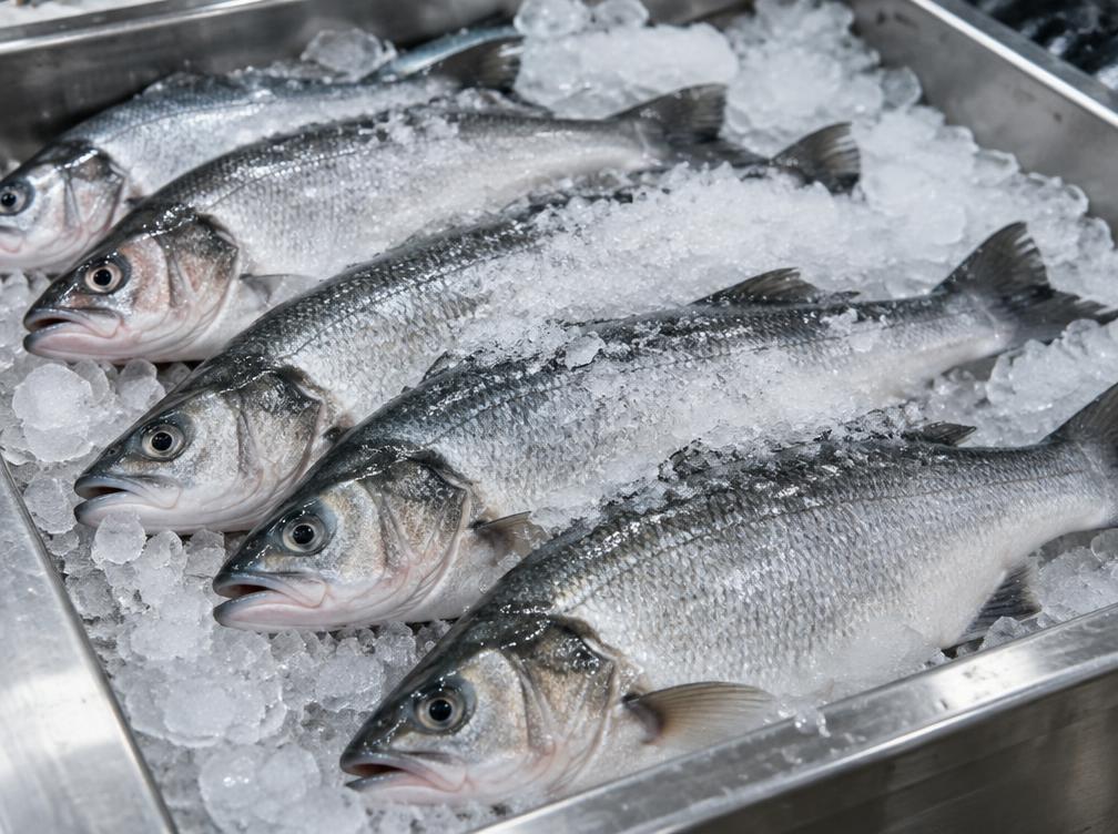 Whole seafood kept chilled with frost and ice in a stainless steel tray